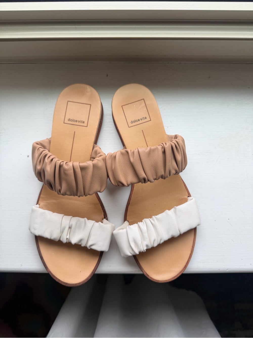 Dolce Vita Two-Band Ruched Slide Sandals in Beige and White
